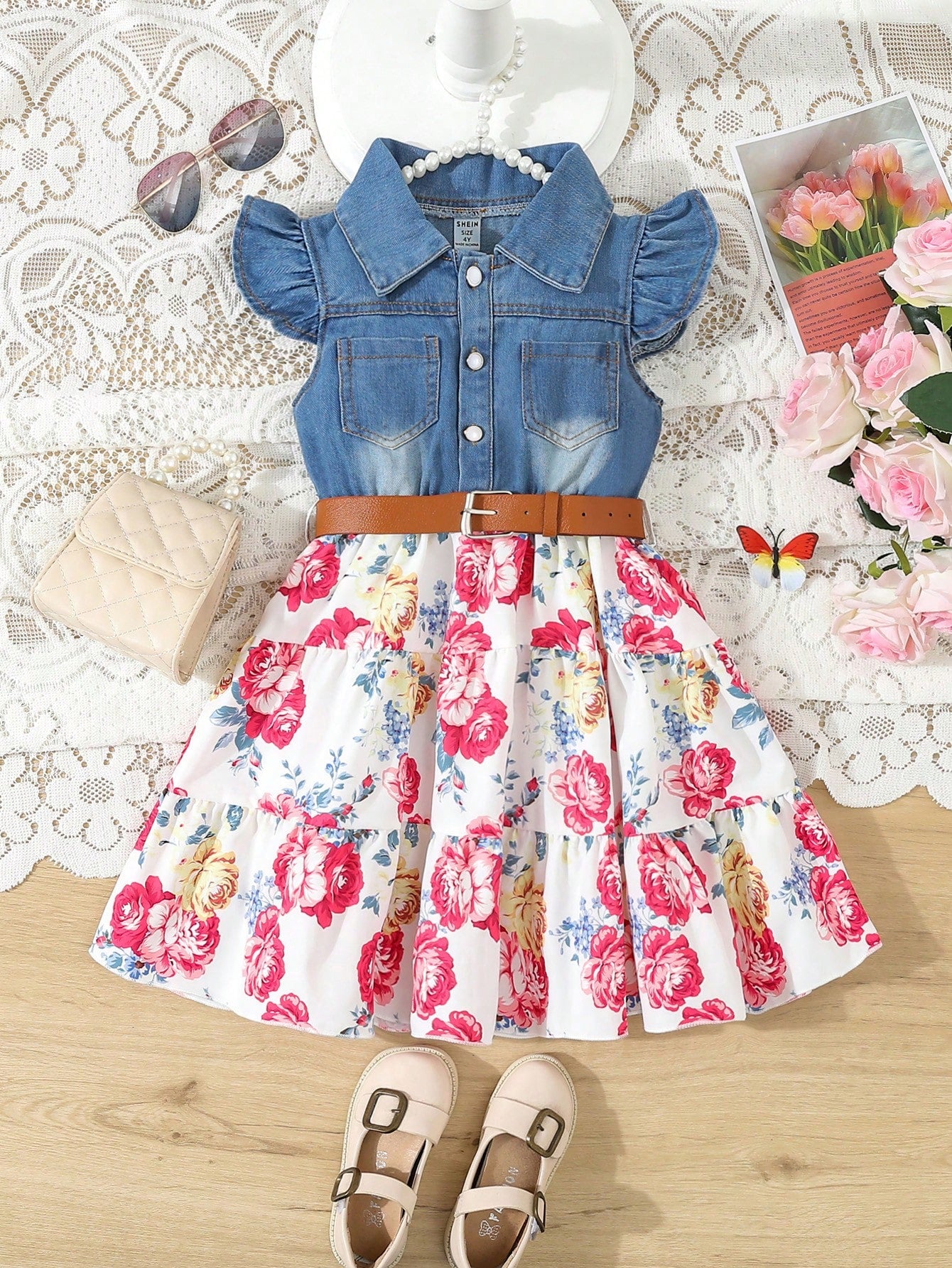 Young Girl Casual Denim Splicing Flying Sleeve Shirt Dress, With Large Floral Pattern Print And Leather Belt, Suitable For Beach Vacation, Summer