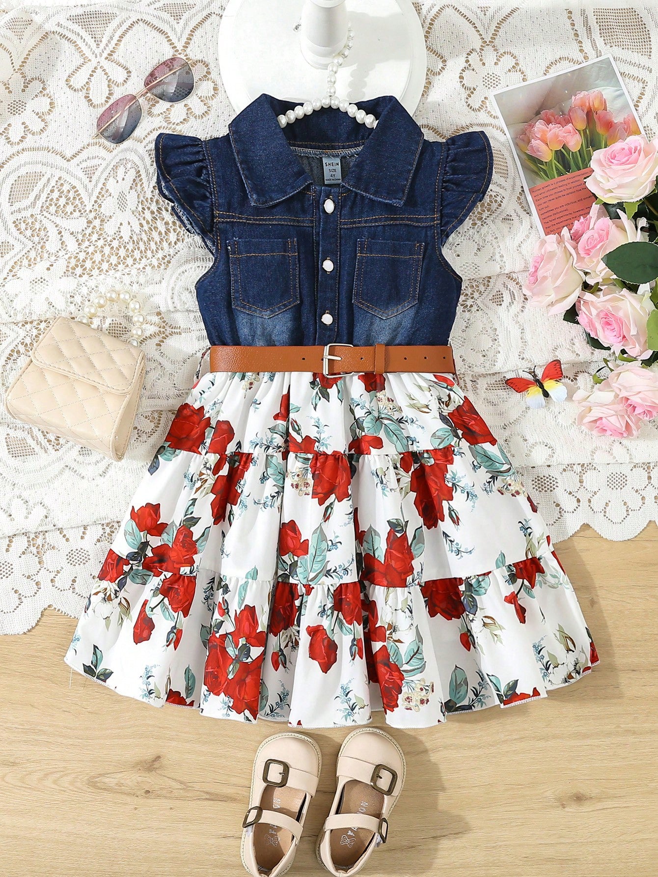 Young Girl Casual Denim Splicing Flying Sleeve Shirt Dress, With Large Floral Pattern Print And Leather Belt, Suitable For Beach Vacation, Summer