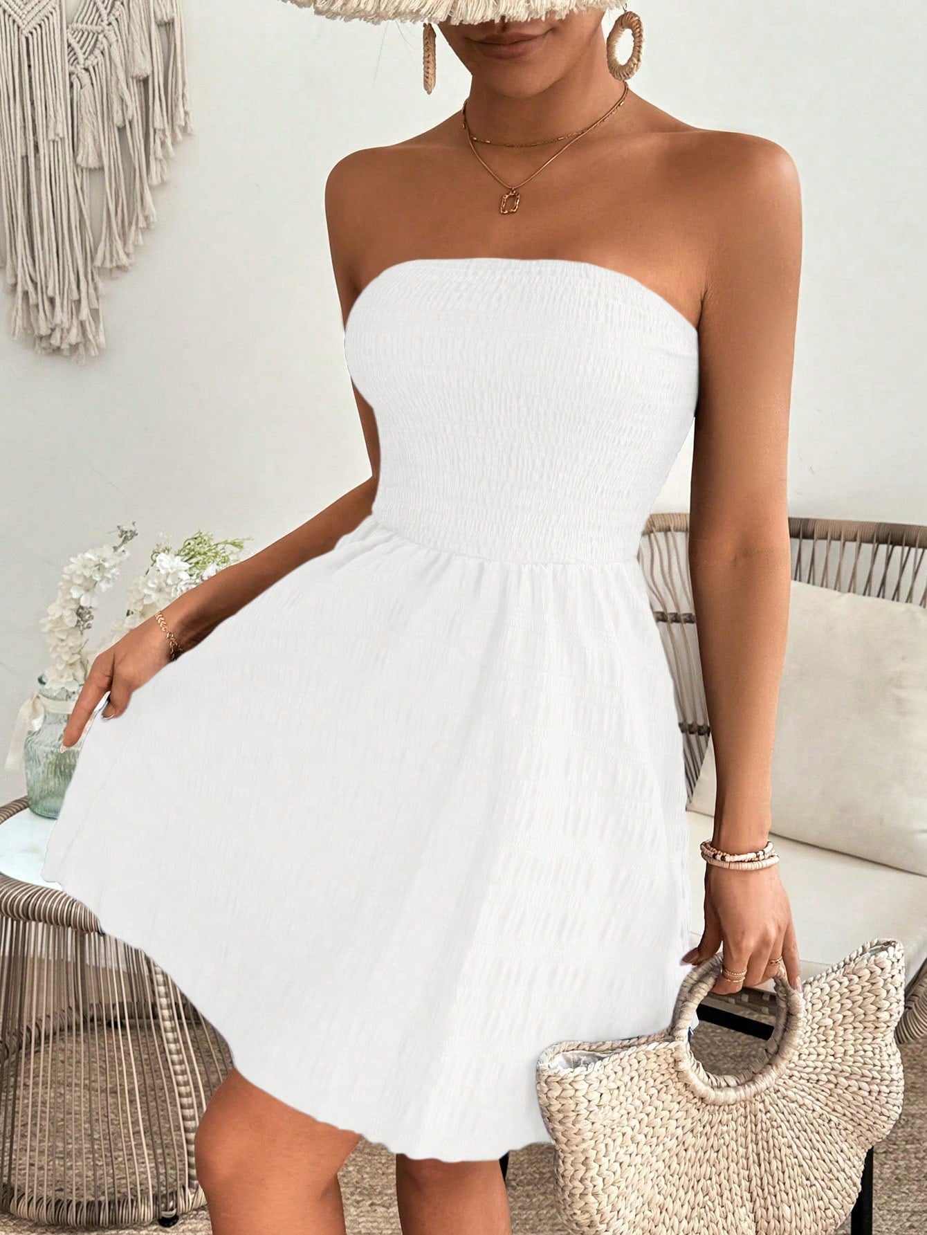 Solid Color Gathered & Cinched Strapless Dress