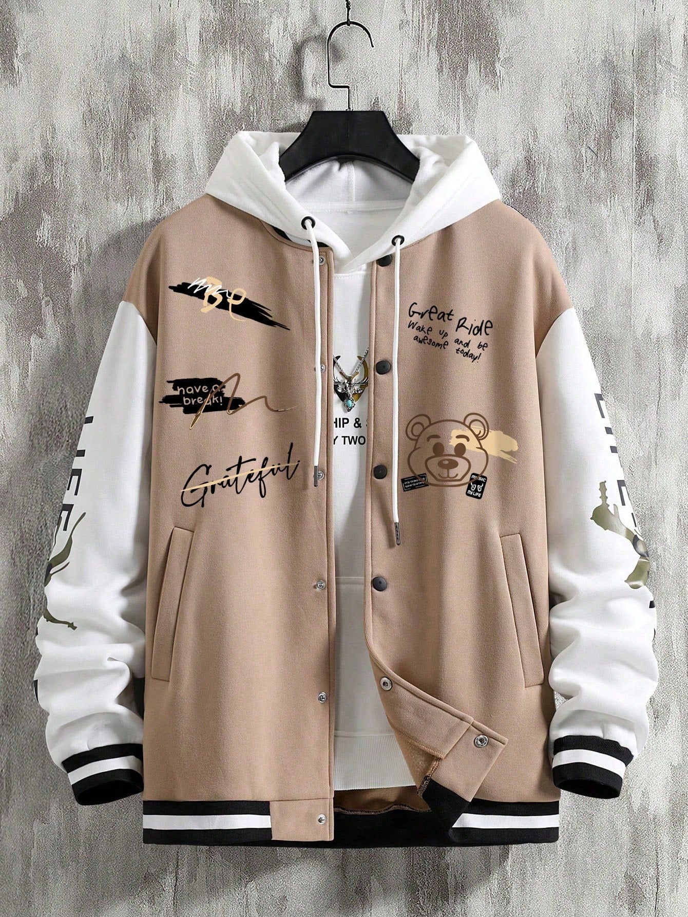 Men's Letter Graphic Two-Tone Loose Fit Drop Shoulder Varsity Jacket Without Hoodie