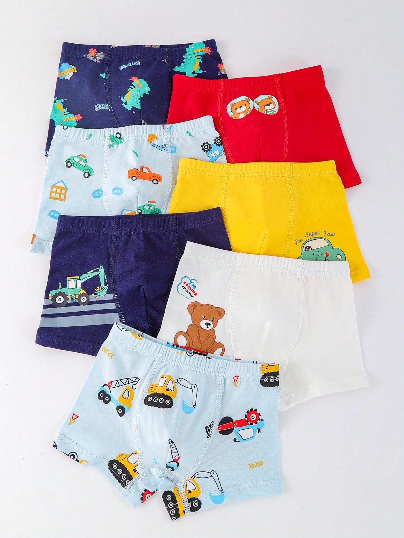 Young Boys' Underwear Set Of 7, Boxer Briefs With Cartoon Dinosaur And Excavator Prints, Color Block Waistband, Suitable For All Seasons