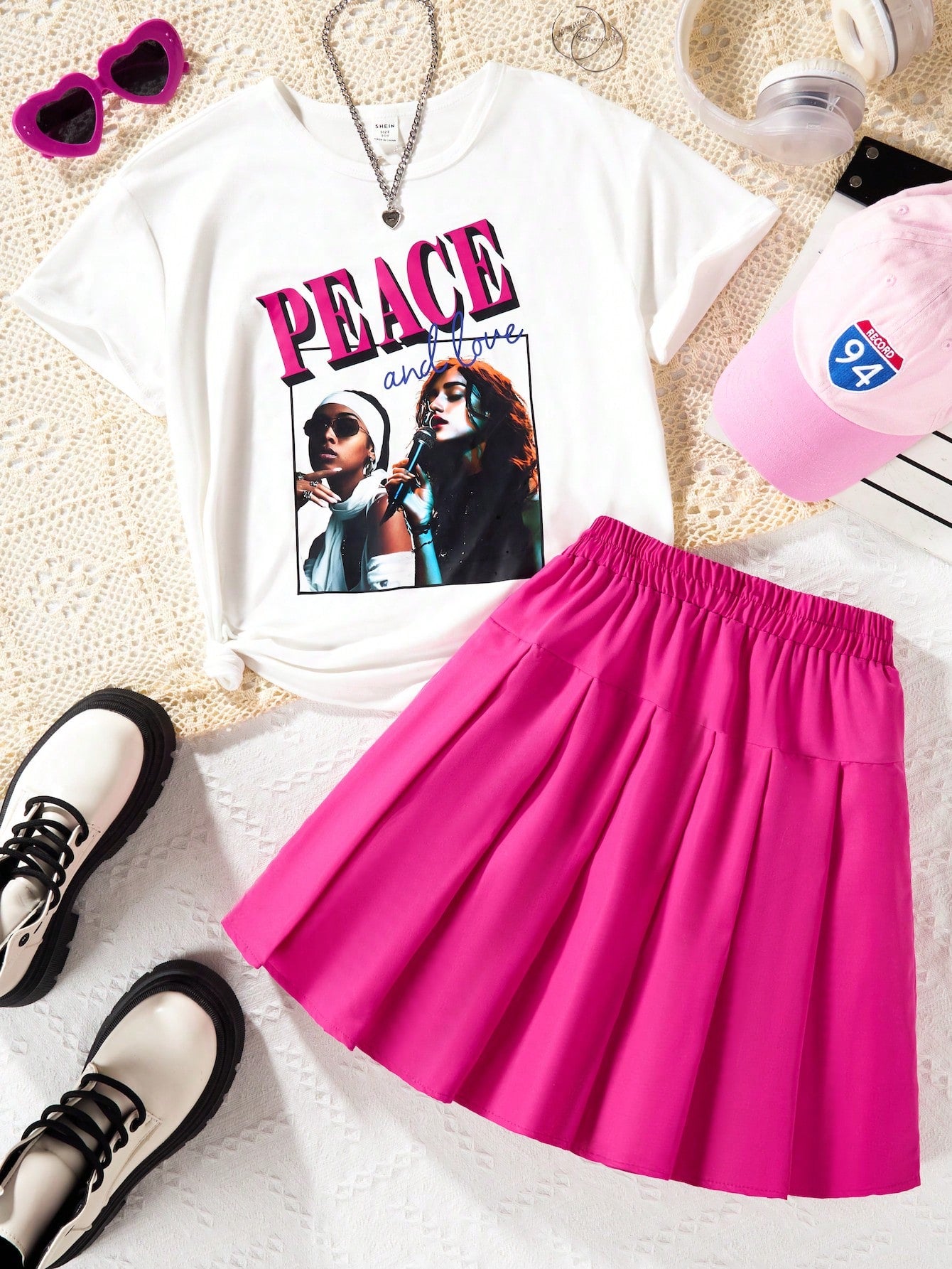 Tween Girl Casual College Style Short Sleeve T-Shirt And Skirt 2pcs Set