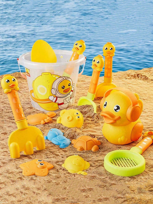 14pcs/Set Random Colored Yellow Duck Beach Toy Kit For Sand Play And Water Play, With Bucket, Shovels And Other Beach Tools