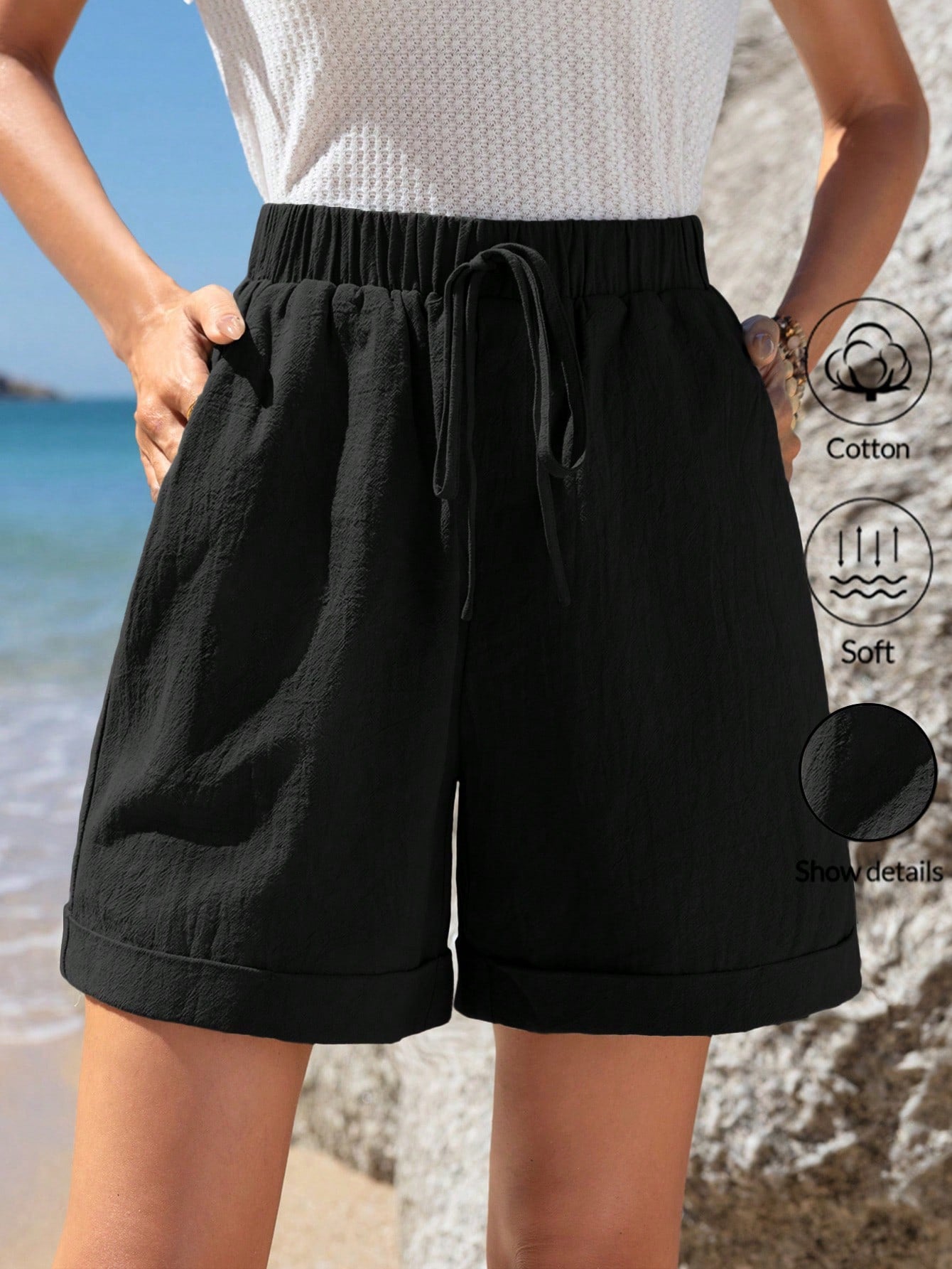 Elastic Waist Tie Rolled Hem Slant Pocket Casual Shorts Summer Green Shorts Cotton Women Shorts