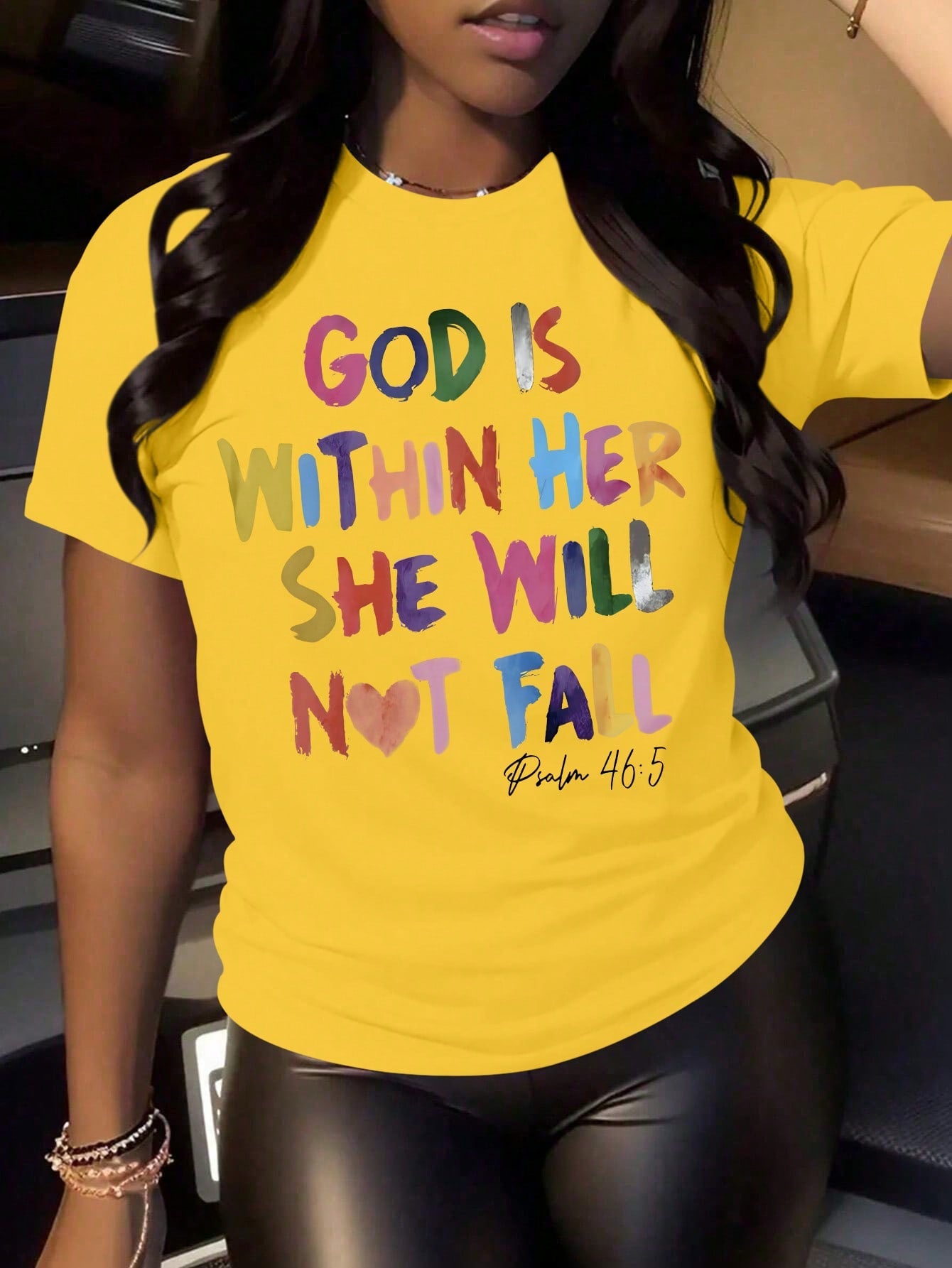 Plus Size Women's Slogan Printed Crew Neck Short Sleeve T-Shirt, GOD IS WITHIN HER SHE WILL NOT FALL