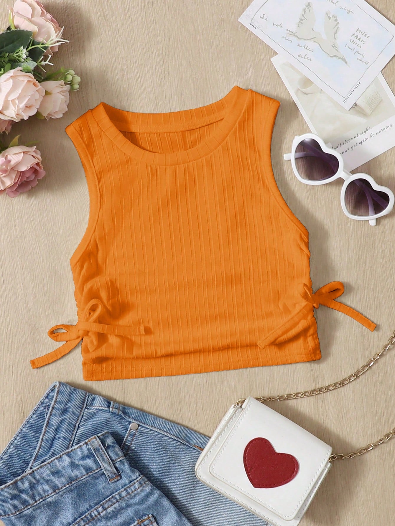 Solid Color Casual Round Neck Tank Top With Pleated Hem And Side Knot Detail For Young Girls