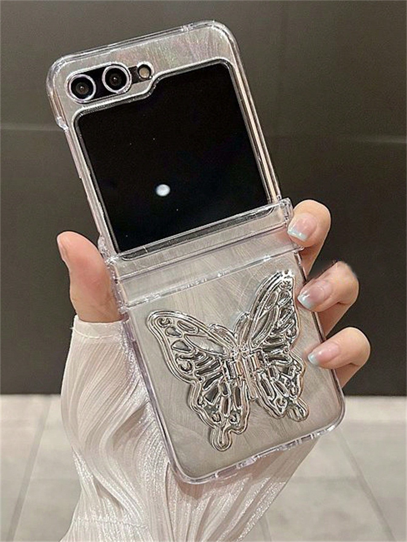 1PC Luxury Korean 3D Hollow Butterfly Bracket Feather Yarn Transparent Glitter Gradient Phone Case Compatible With Samsung Galaxy ZFlip 5 Z Flip6 Z Flip4 ZFlip3 ZFlip 5 5G Shockproof Back Cover