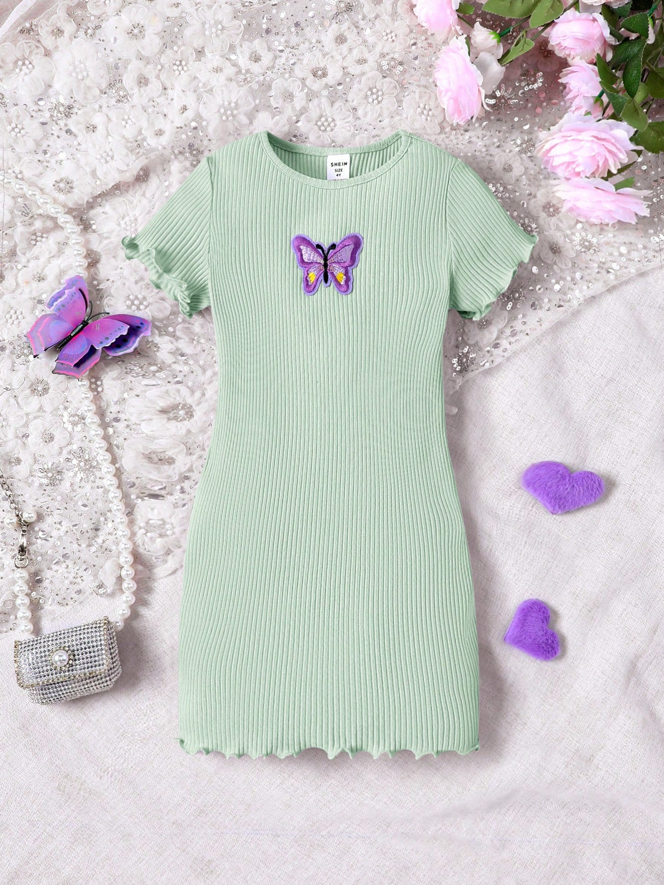 Young Girl Knit Butterfly Patterned Solid Color Round Neck Casual Dress