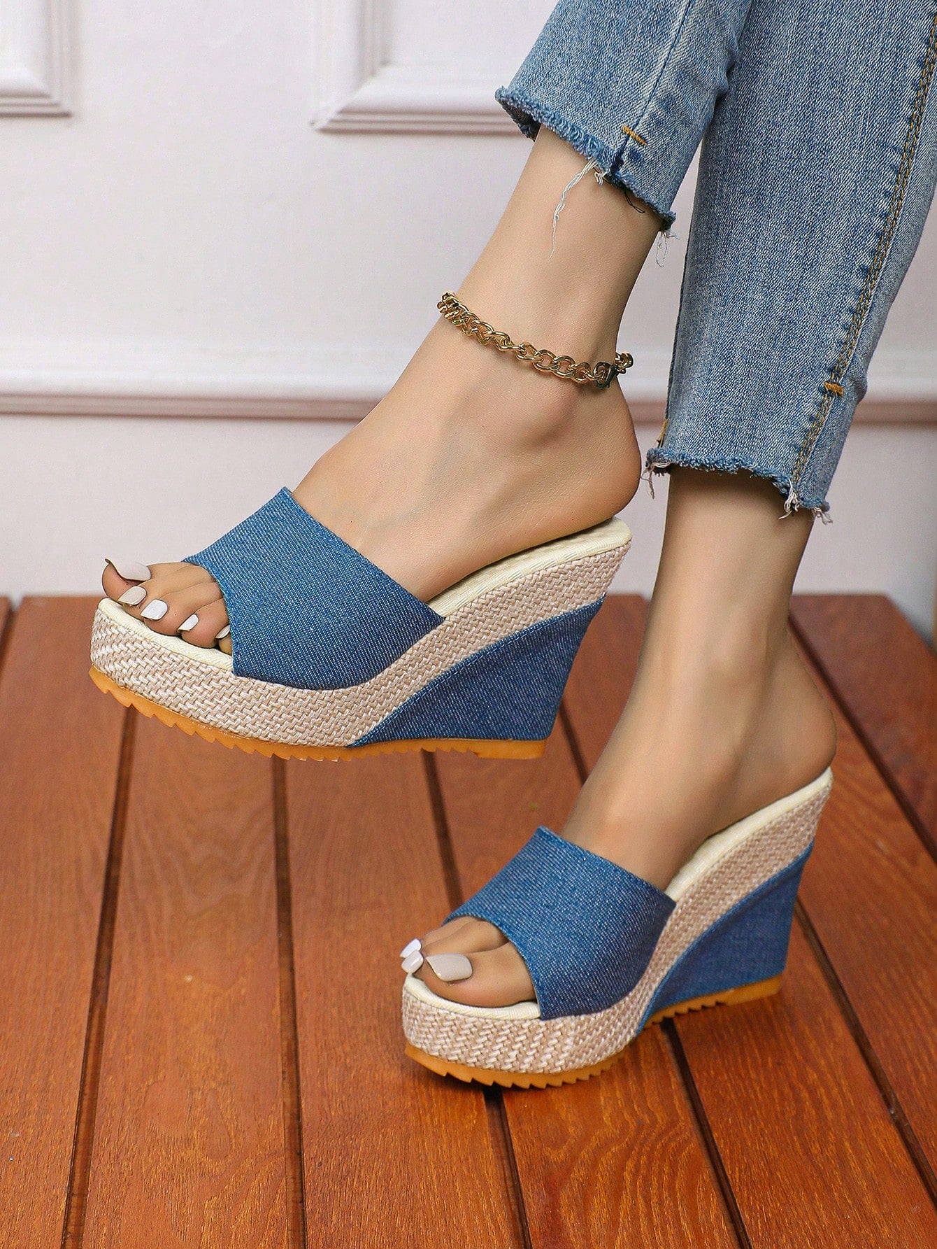 Summer New Thick-Soled Wedge Heel Canvas Women's Slippers Mature Fashionable Casual High-Heeled Wedge Slippers