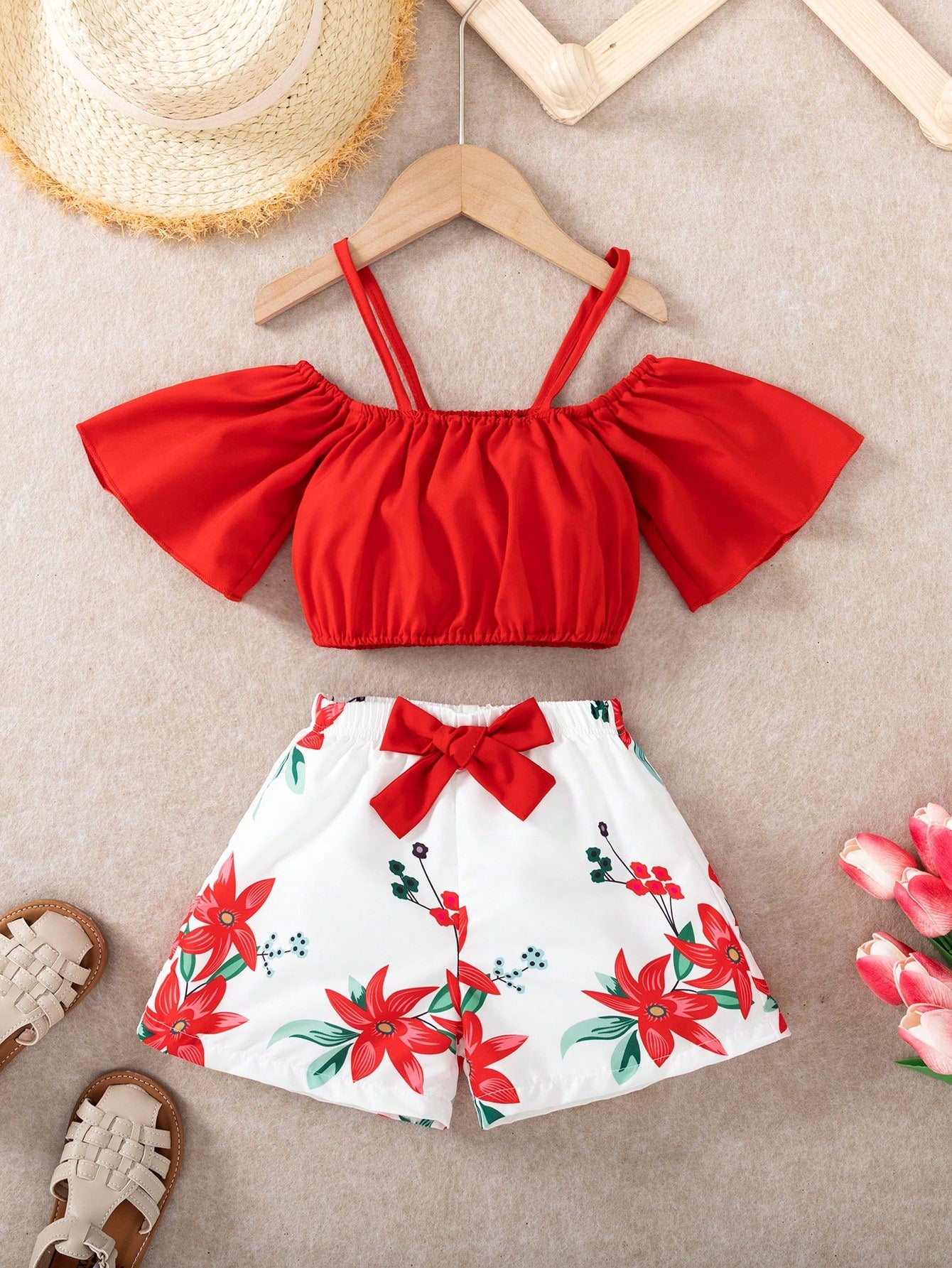 Young Girl Solid Color Top Matched With Printed Shorts Casual Vacation 2-Piece Set For Spring/Summer