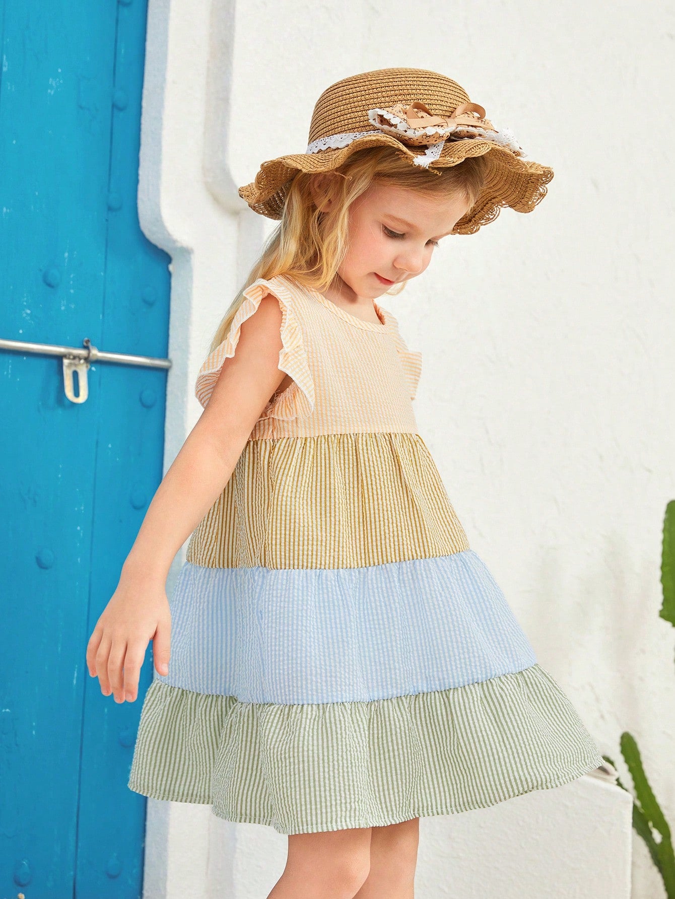 Young Girls' Striped Color Block Ruffle Trimmed Dress With Decorative Bow