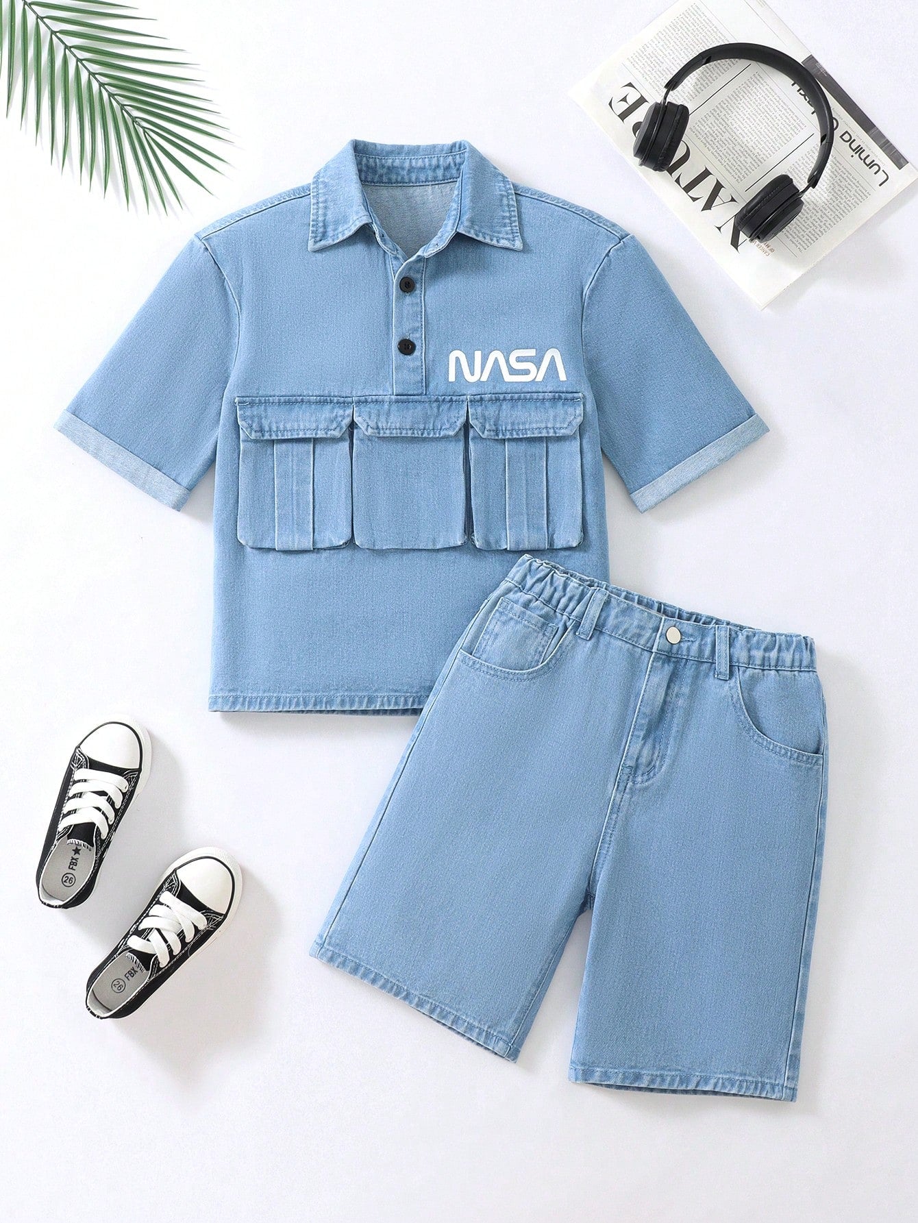 Tween Boys Summer Fashionable Korean-Style Short Sleeve Denim Set