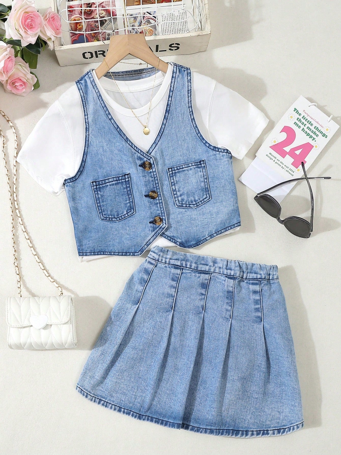 Tween Girl Denim Vest Skirt Set