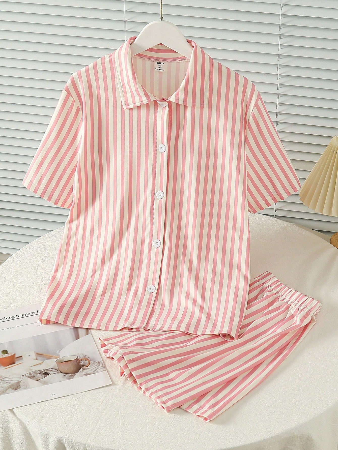 Teen Girl Pink & White Stripe Printed Short Sleeve Shirt And Shorts Casual 2pcs Sleepwear Set