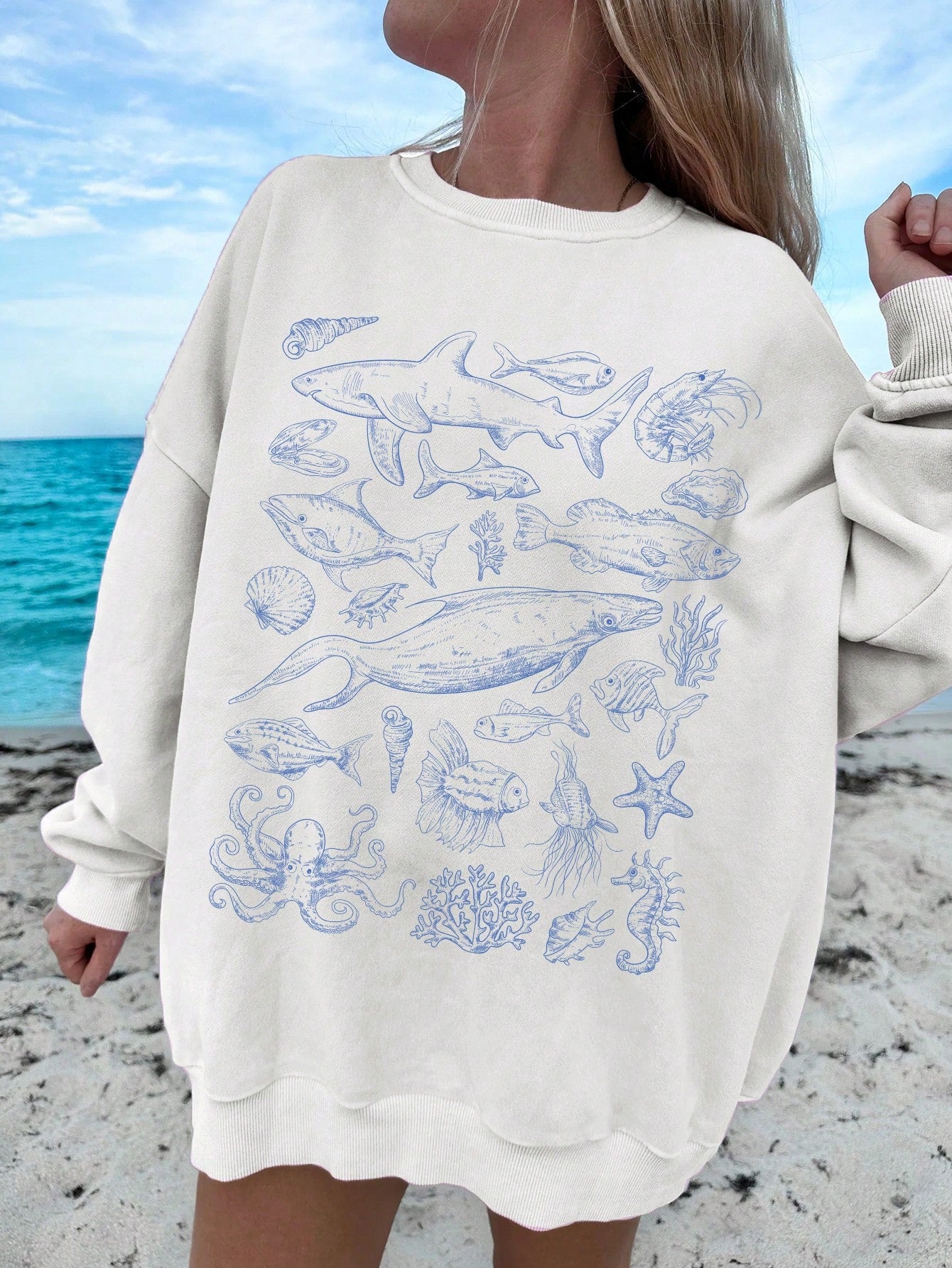 Women Casual Minimalist Printed Round Neck Loose Long Sleeve Beach Pattern Sweatshirt For SpringSummer