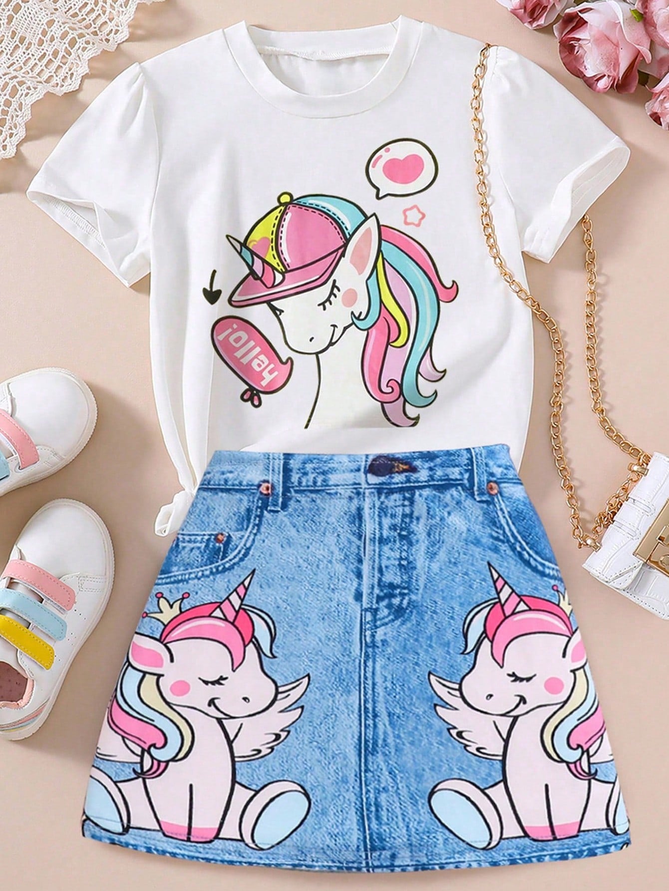 Tween Girls' Unicorn Printed Short-Sleeved T-Shirt And Denim Effect Skirt With Unicorn Print