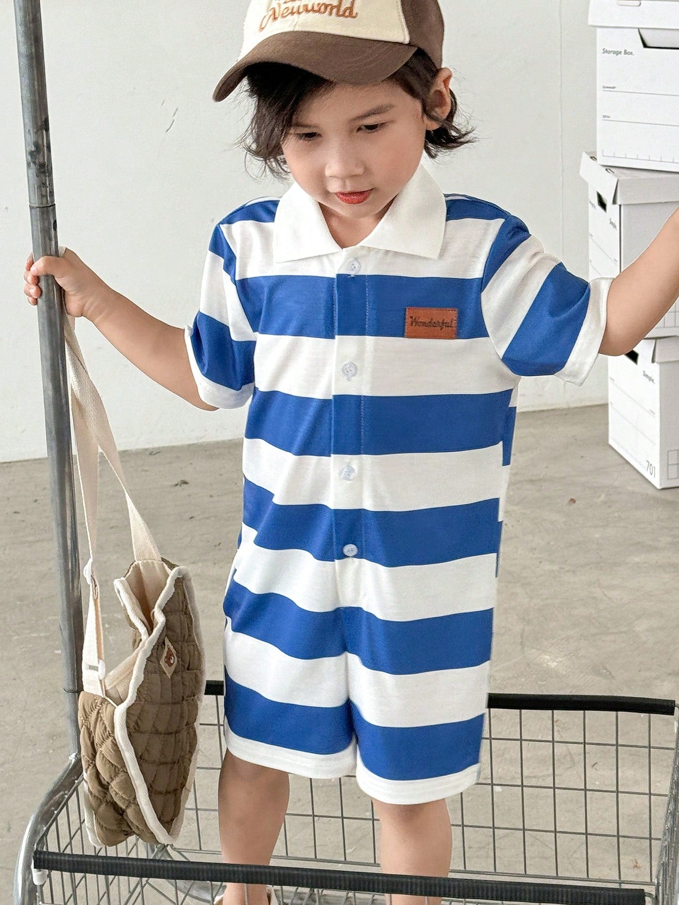 Young Boy Summer Casual Striped Color Block Romper With Badge Detail