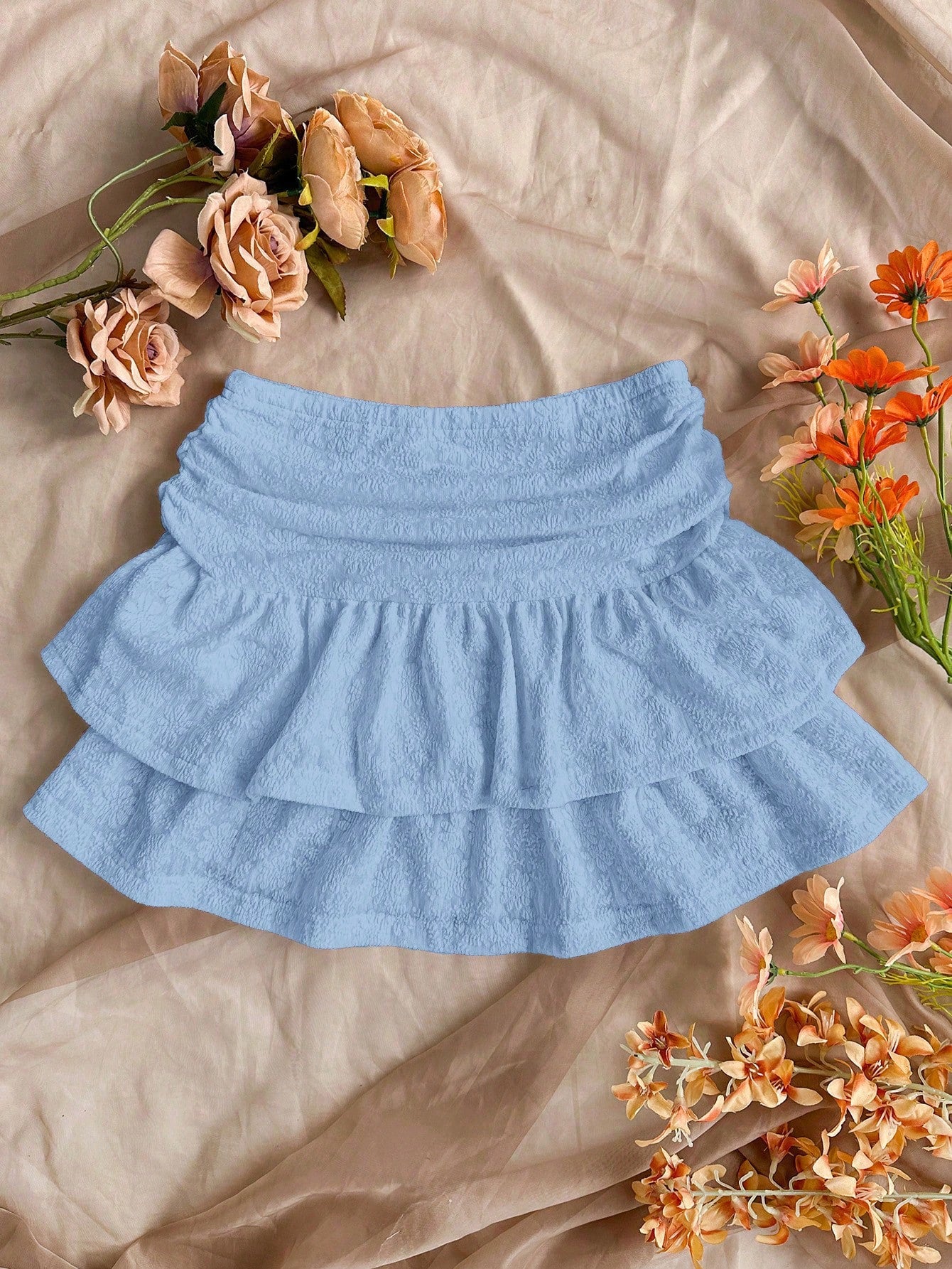 Women Solid Color Pleated Double-Layered Ruffle Hem Mini Skirt