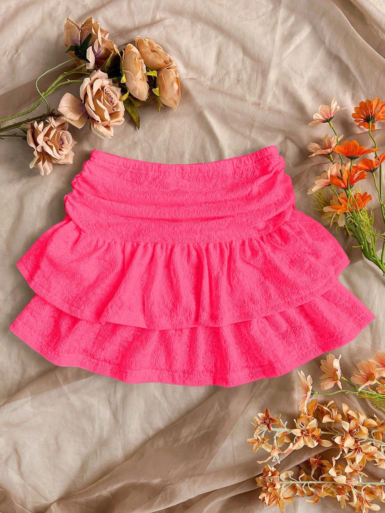 Women Solid Color Pleated Double-Layered Ruffle Hem Mini Skirt