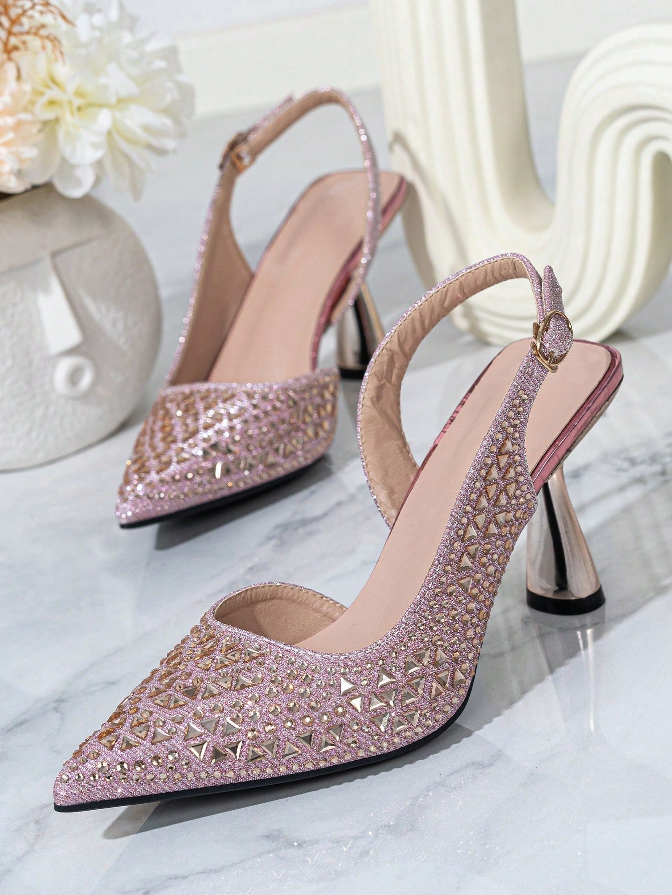 Women's Glitter Rhinestone Detail High Heel Shoes With Comfortable Back Strap And Buckle Design, Ideal For Parties, Festivals, Evening, Clubs