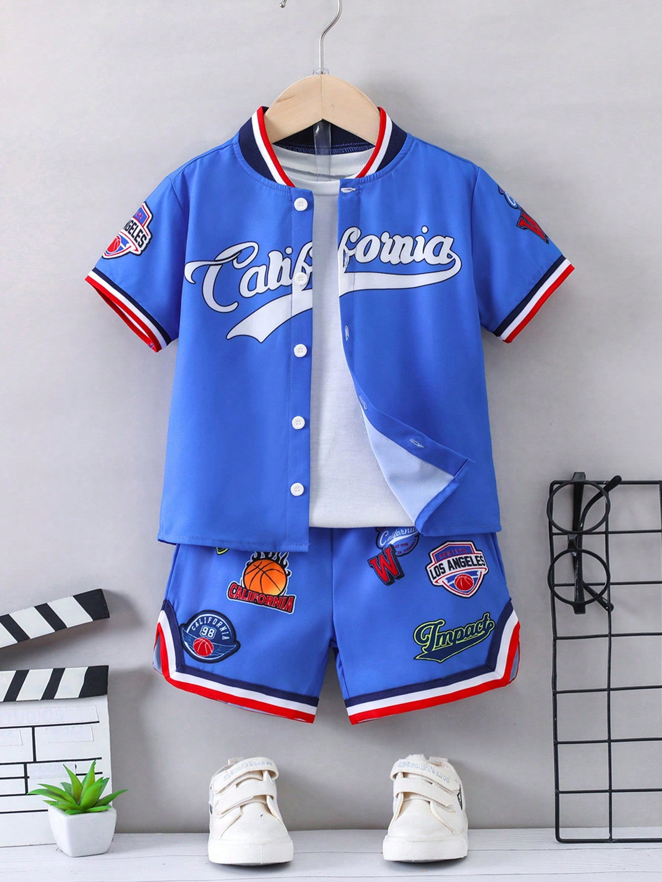 Young Boy Letter Graphic Striped Trim Baseball Collar Shirt & Shorts Without Tee