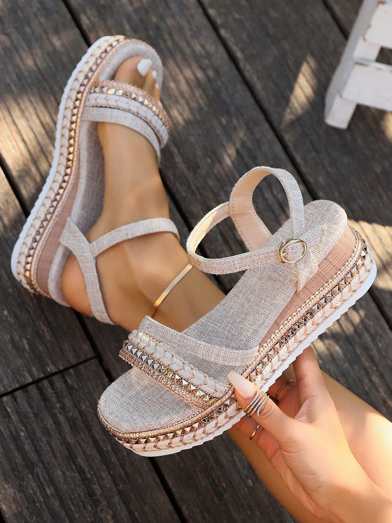 New Women's Rose Gold Studs Braided Casual Vacation Wedge Sandals With Espadrille Sole