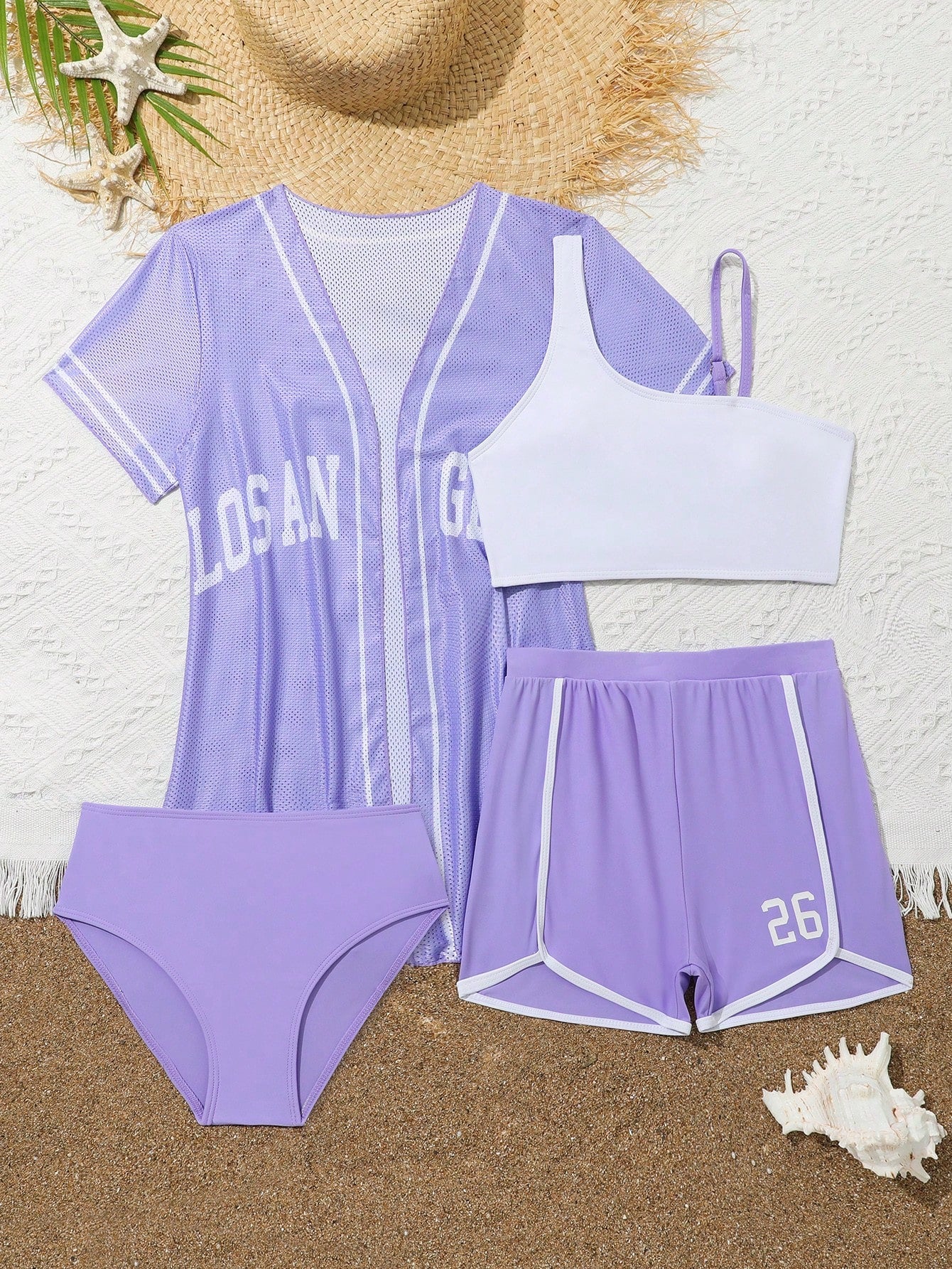 Tween Girl Summer Beach Contrast Color Bikini Set With Top, Bottoms, Shorts And Cover-Up