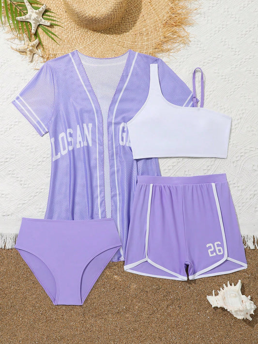 Tween Girl Summer Beach Contrast Color Bikini Set With Top, Bottoms, Shorts And Cover-Up