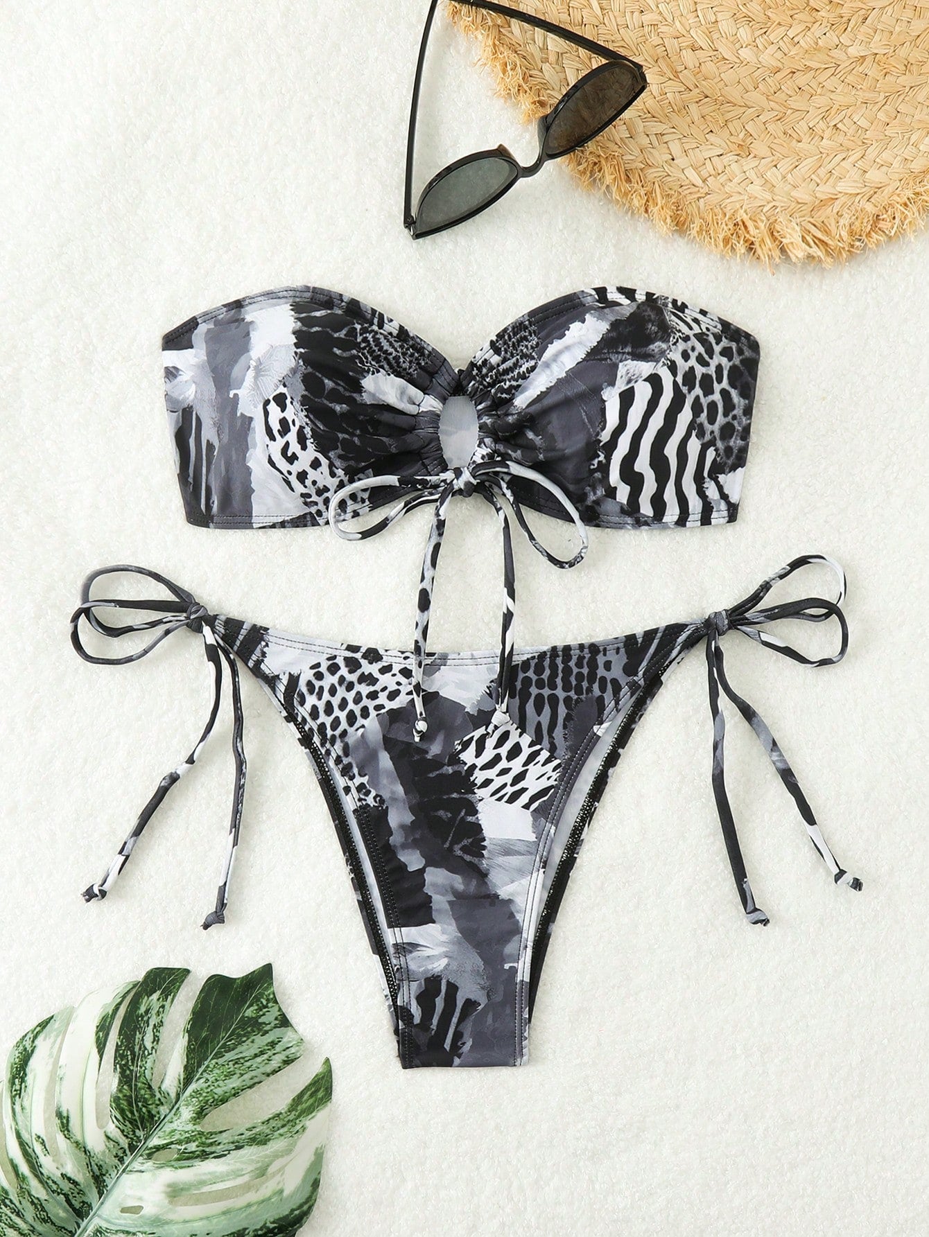 Swim Women's Animal Print Splice Bandeau Bikini Set, Printed Design Random, Strapless Bikini Set Bathing Suit Beach Outfit Summer Vacation,Summer Beach