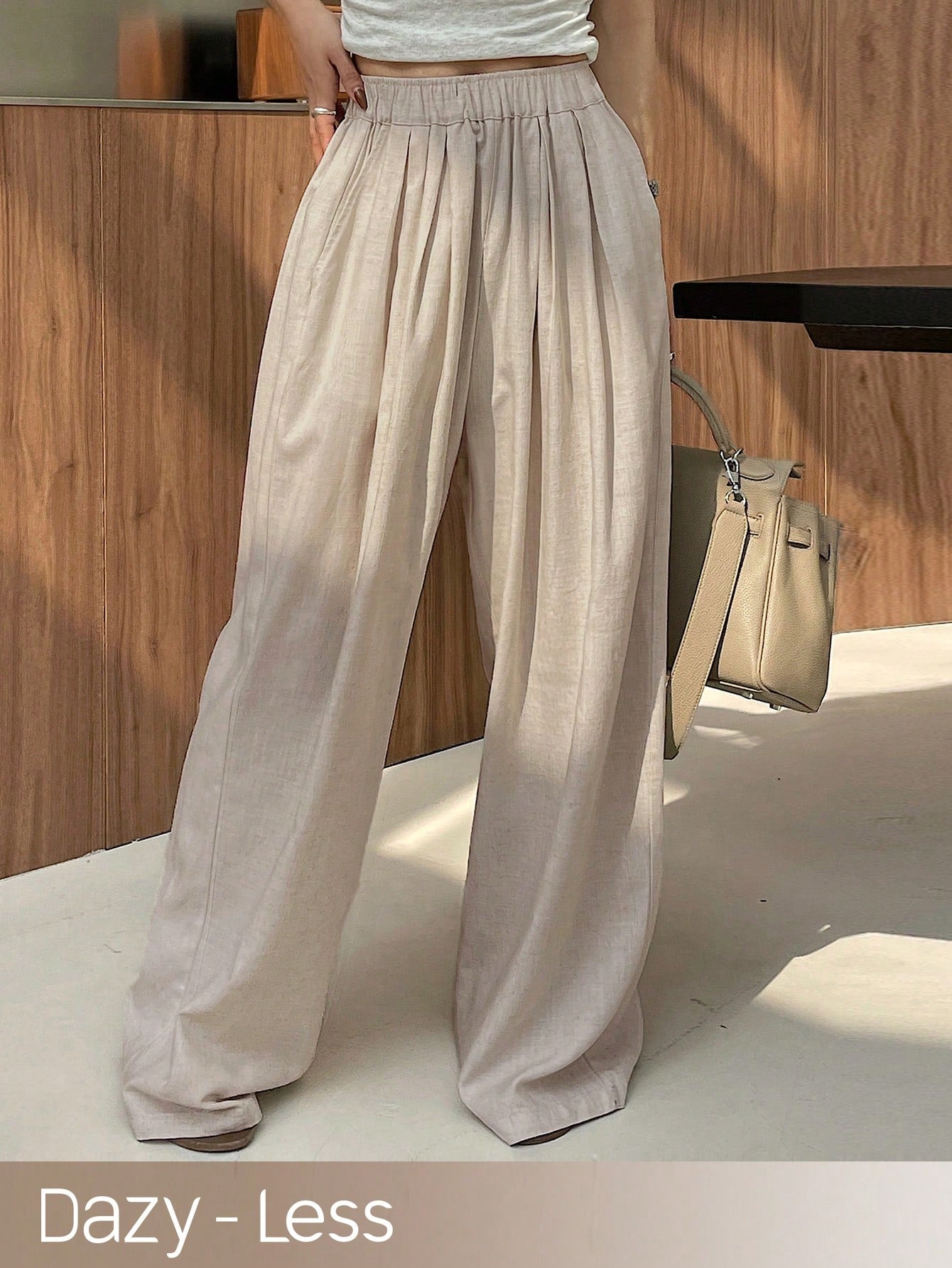 Dazy-Less Women's Solid Color Casual Wide Leg Pants With Elastic Waist