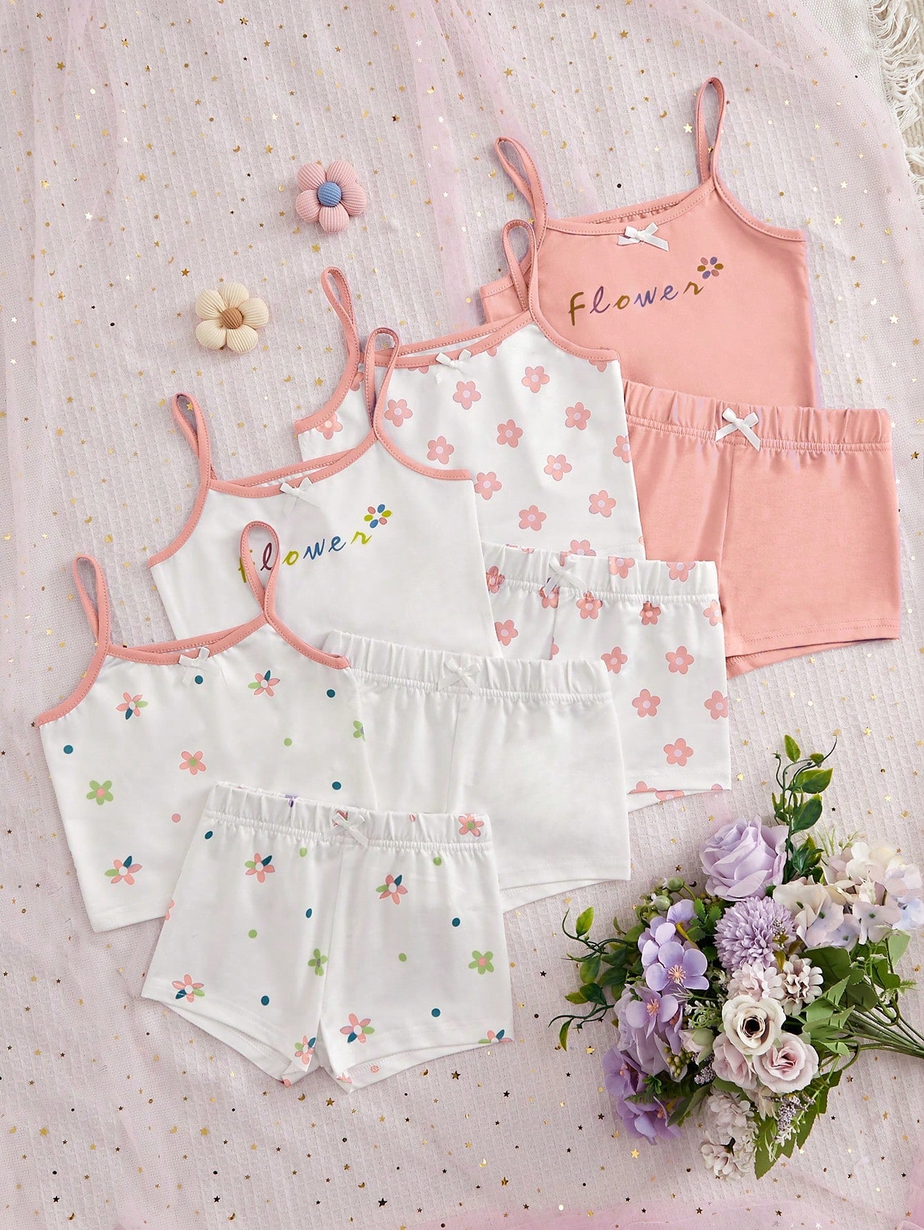 Young Girl Summer Floral Printed Camisole Top And Shorts 8pcs Underwear Set