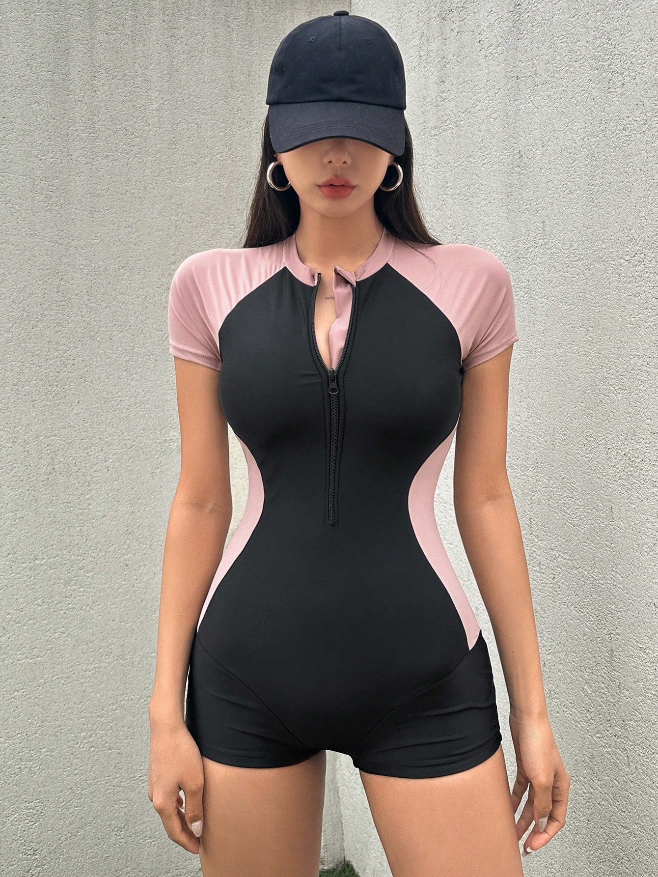 Solid Color Round Neck Short Sleeve One Piece Swimsuit With Flat-Angle Cut For Women