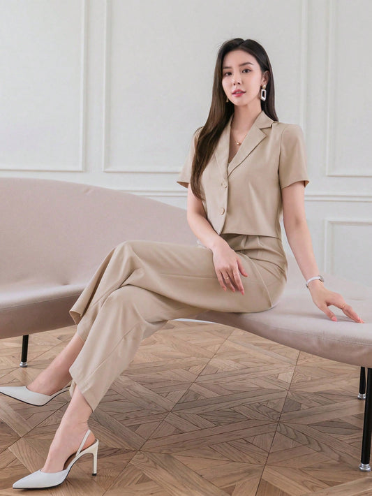 Women's Spring Summer Casual Solid Color Short Sleeve Blazer And Pleated Trouser Suit