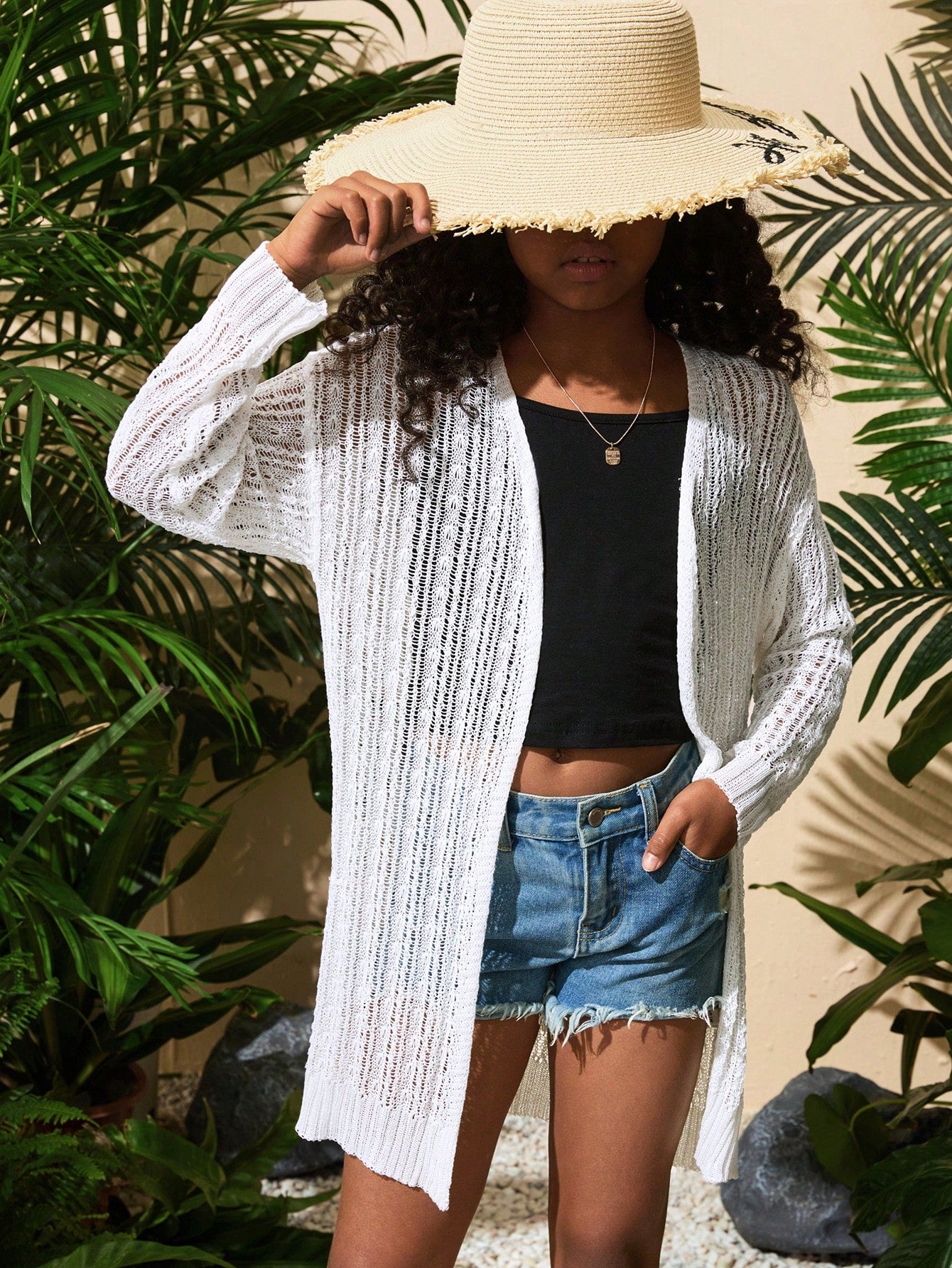 Tween Girls' Summer Holiday Style Loose Knit Solid Color Long Sleeve Beach Cardigan