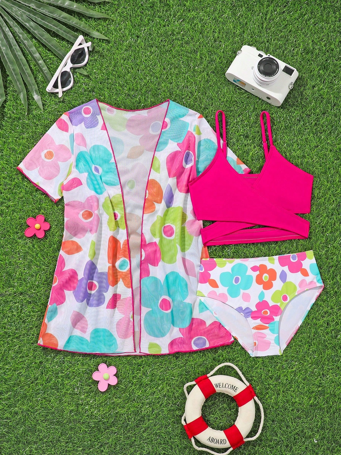 Young Girl Floral Print Criss-Cross Bikini Set With Short Sleeve Open Front Kimono