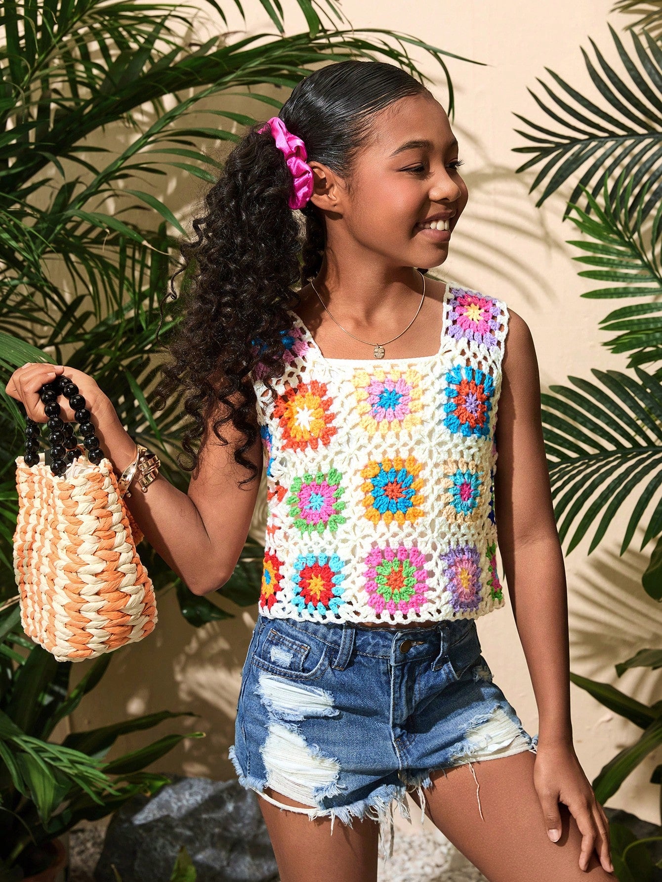 Tween Girl Vacation Casual Spring/Summer Floral Printed Knit Vest Top