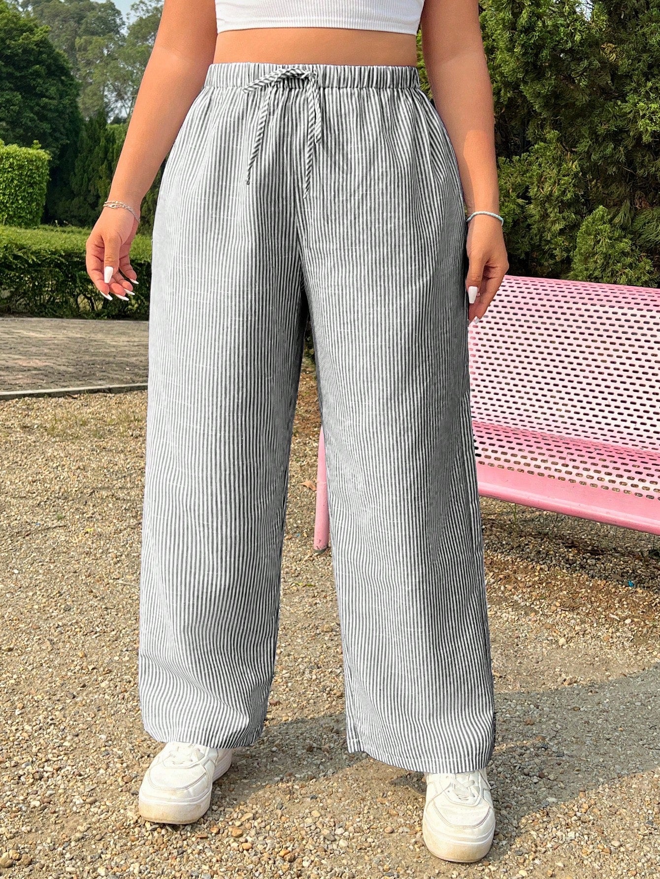 Plus Size Casual Loose Plaid Elastic Waist Wide-Leg Pants