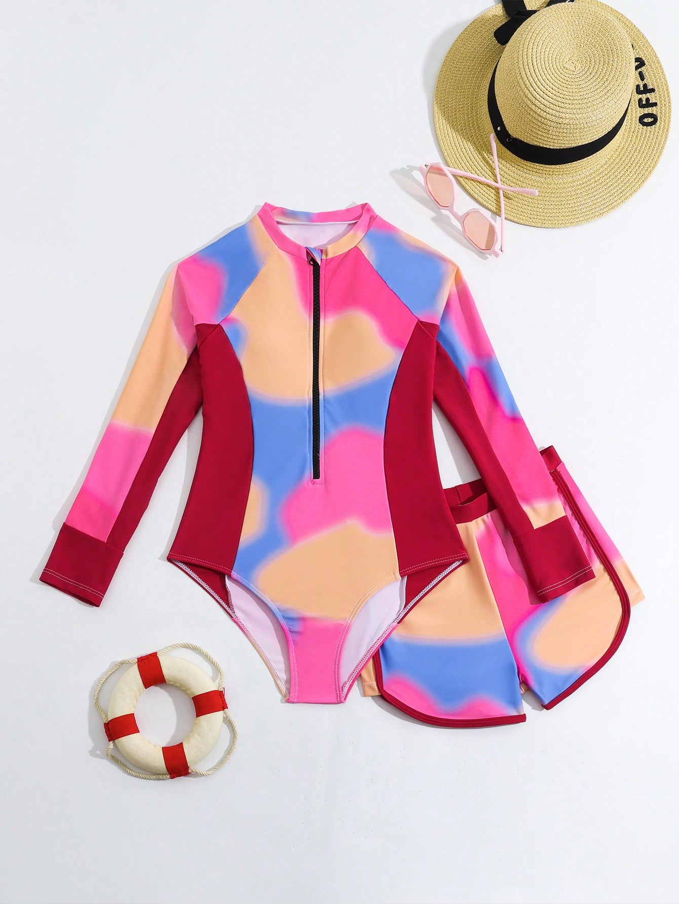 Tween Girl Long Sleeve Colorful One Piece Swimsuit (Random Print) & Swim Shorts, Summer