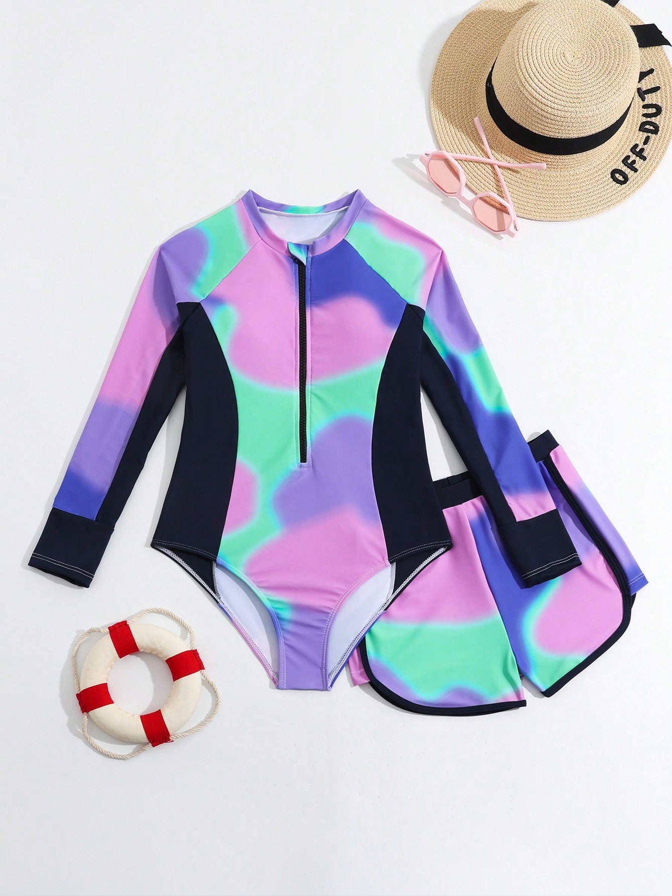 Tween Girls' Tie-Dye One-Piece Long Sleeve Swimsuit With Swimming Shorts