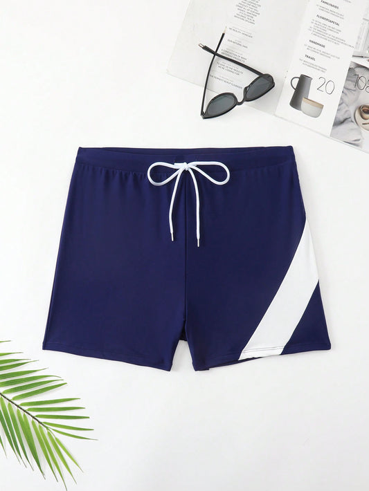 Men's Plus Size Color Block Drawstring Waist Casual Swimming Shorts