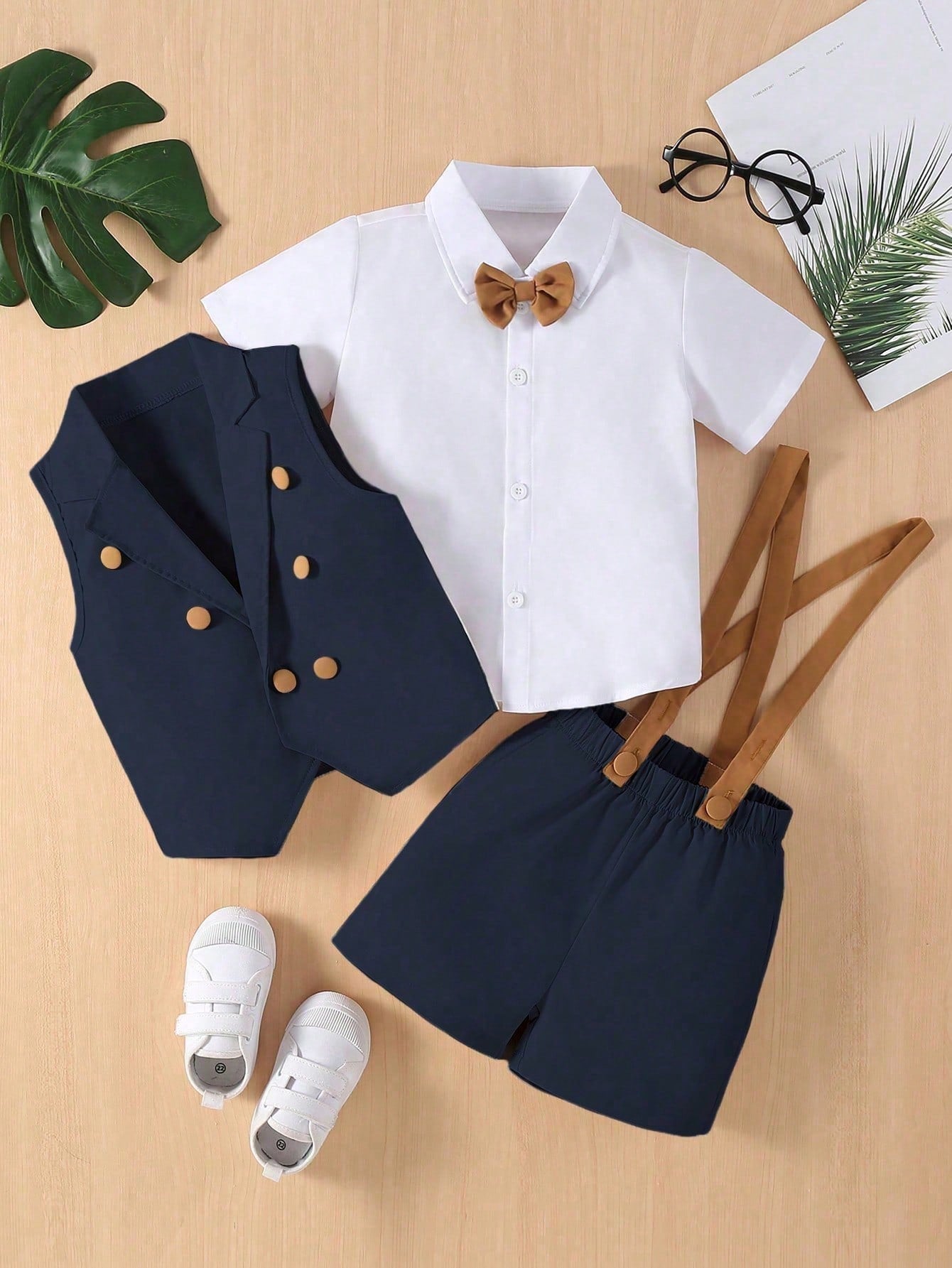 Young Boy Bow Front Shirt & Vest Blazer & Suspender Shorts