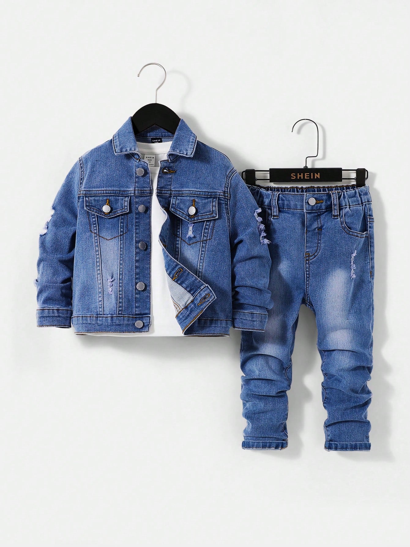 Young Boy Distressed Mid-Rise Light Blue Jeans And Loose Fit Distressed Long Sleeve Light Blue Denim Jacket Casual Street Style Cool Outfits