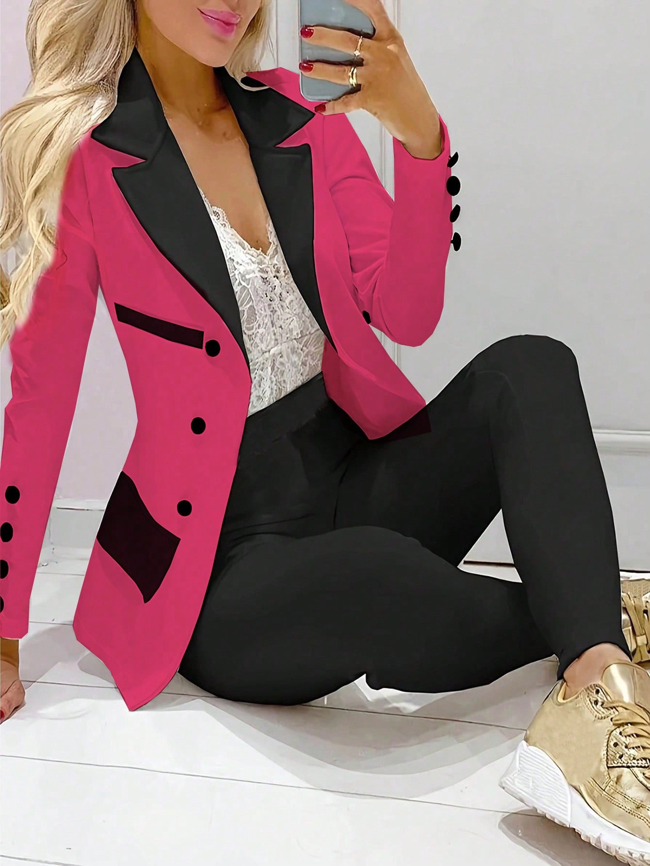 Women Contrast Color Lapel Long Sleeve Blazer