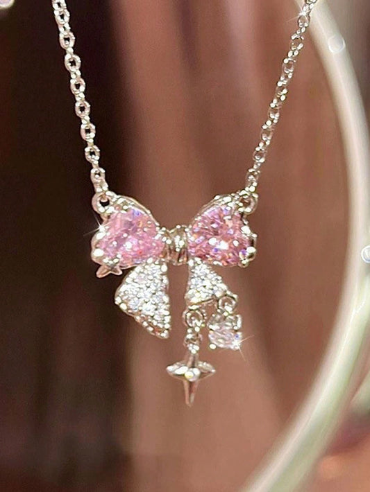 1pc Girls' Pink Bowknot Necklace INS Style Sweet & Cool Lock Design Collarbone Chain, Versatile And Luxurious Feels Suitable For Everyday Wear