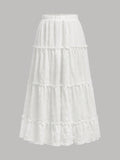 Teen Girl Textured Woven Fabric Splicing Ruffle Pagoda Style Holiday Casual White Skirt