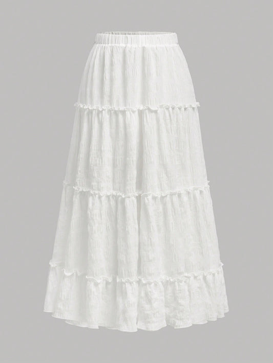 Teen Girl Textured Woven Fabric Splicing Ruffle Pagoda Style Holiday Casual White Skirt