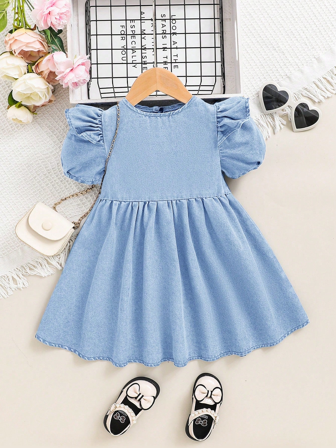 Young Girl Spring New Vacation Cute Bubble Sleeve Denim Dress