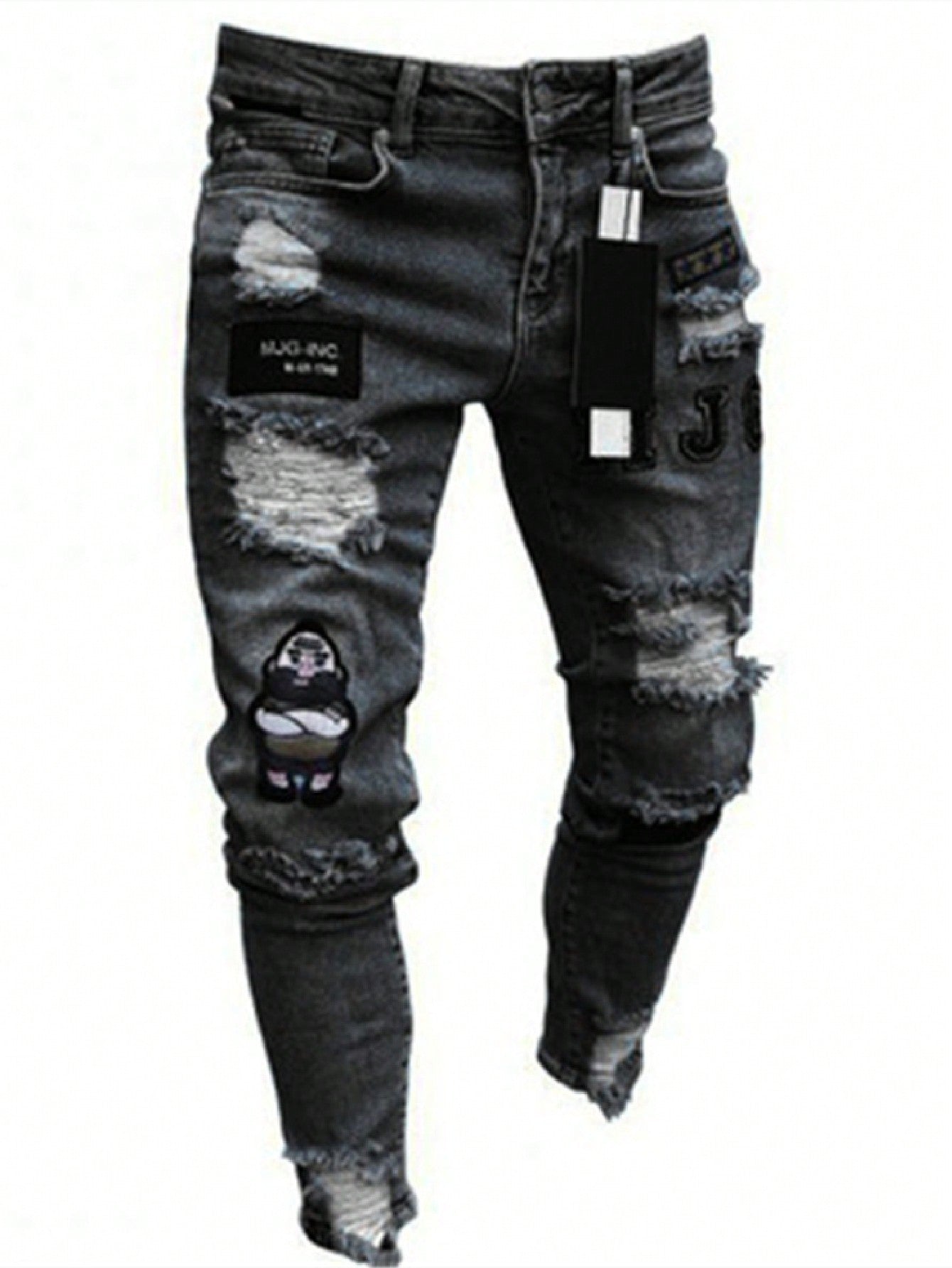 Men's Letter Patched Ripped Pocket Casual Denim Jeans