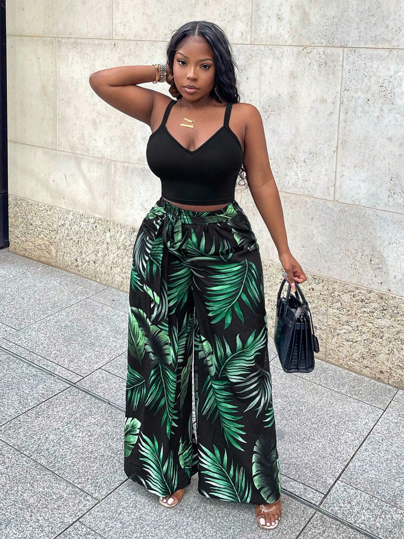 Leisure Vacation Black Slim-Fit High Elasticity Cami Top And Wide-Leg Printed Pants Women 2pcs-Set - Z