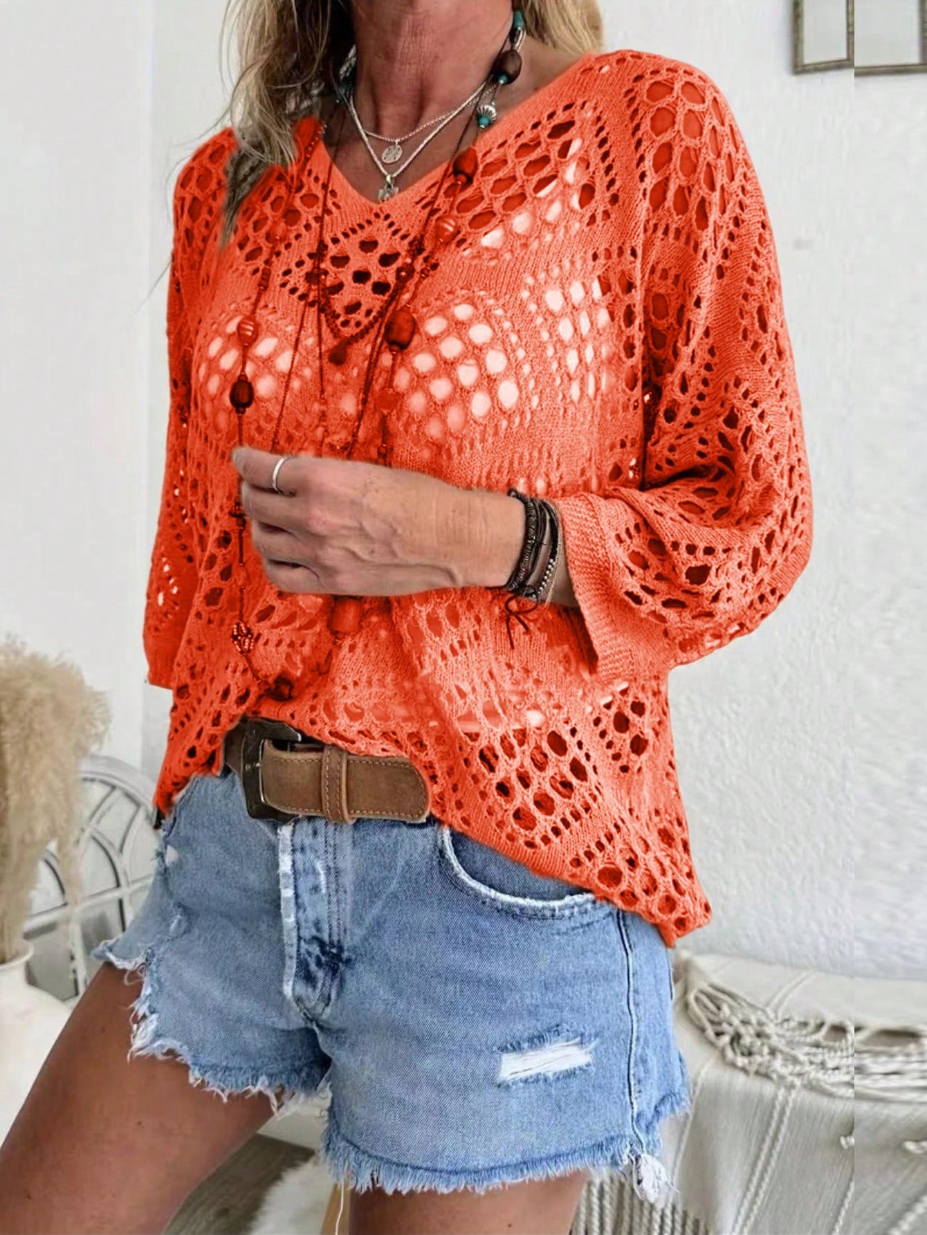 Plus Size Summer Hollow Out Loose Fit Pullover Knit Sweater For Vacation